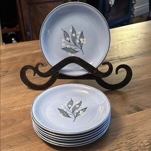 🔥🔥Vintage 1955 Homer Laughlin Skytone Stardust salade plate set of 7 silver trim